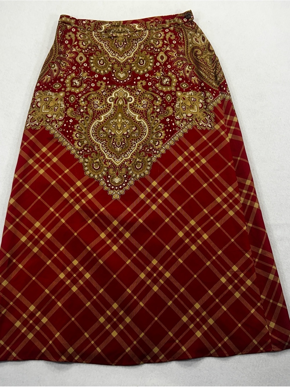Jones New York Country 100% Silk Red Paisley Plaid Maxi Skirt Size 8